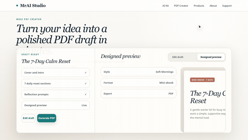 Demo: switching from editable draft to designed preview, then exporting the final PDF.